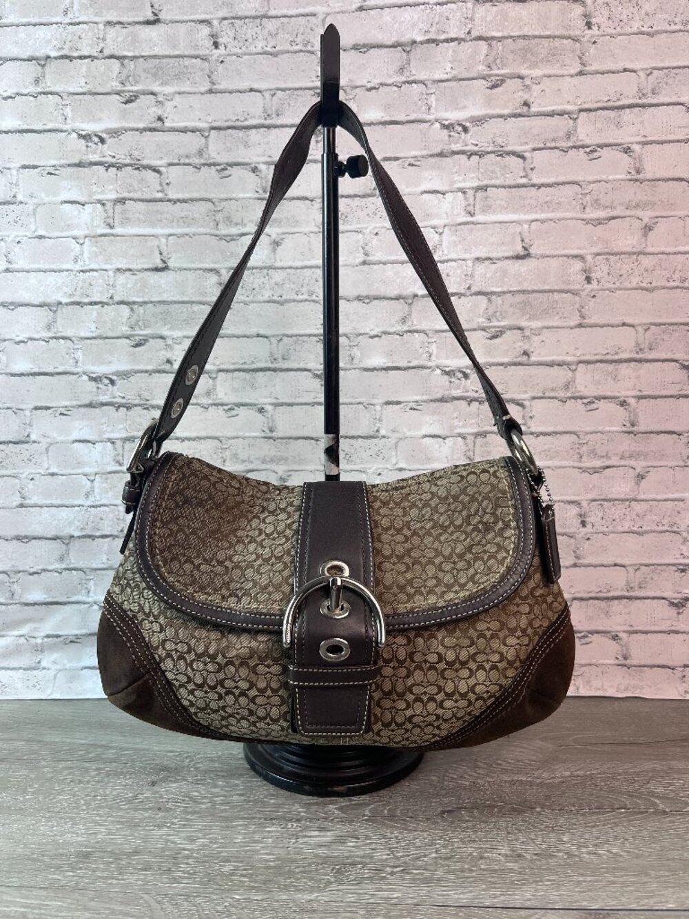 Coach F10926 Vintage Medium Soho Black Leather & Signature C Canvas Shoulder